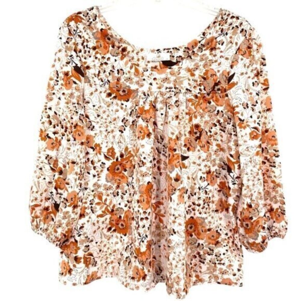 Sunland 17 Floral Peasant Top Lightweight Flowy Rust Orange